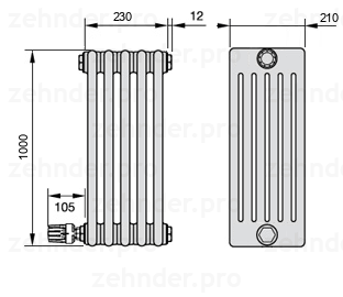 Схема (чертеж) Радиатор Zehnder Charleston 6100/5 №V003 Белый глянцевый RAL 9016